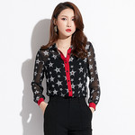 施悦名2019春季新款品牌女装韩版气质复古开衫上衣星星雪纺长袖女士衬衫
