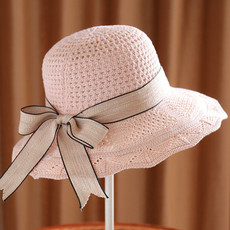 帽子 春夏秋季新款棉线针织帽子女士遮阳帽韩版飘带盆帽可折叠沙滩帽子