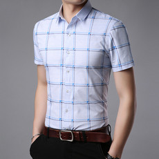 verhouse 夏季新款男士短袖衬衫青年男装格子衬衣薄款修身上衣潮