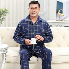 中老年睡衣男秋冬季长袖纯棉加厚夹层夹棉睡衣父亲爸爸家居服套装